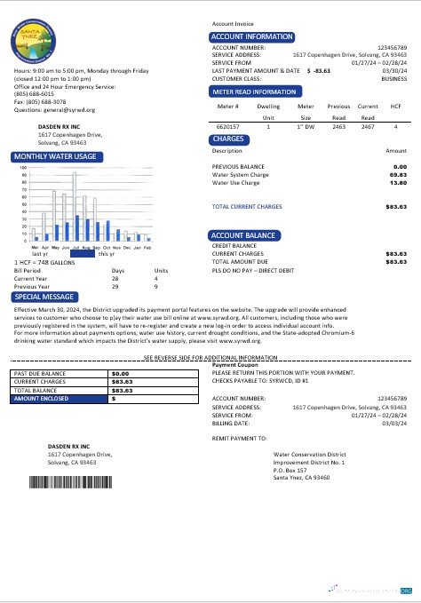 USA California Santa Ynez water business utility bill template in Word and PDF formats